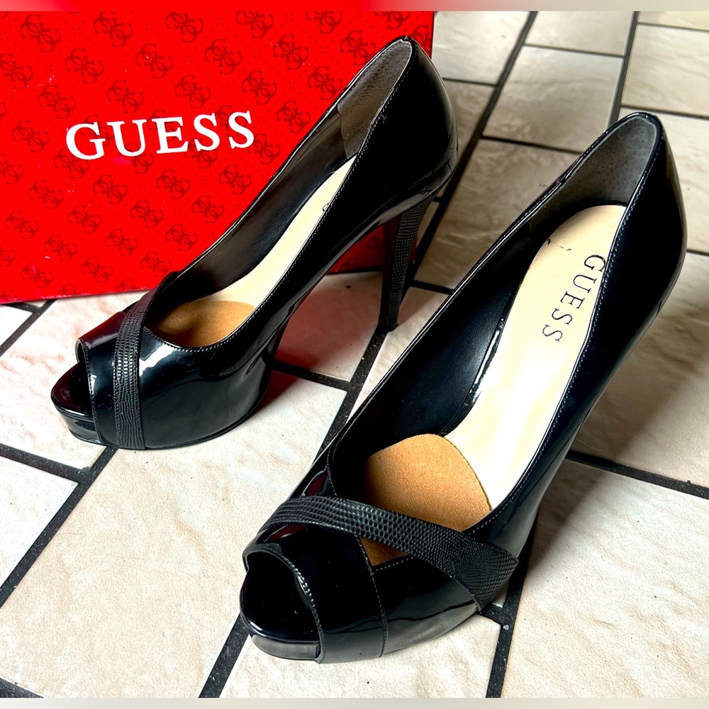 Guess Black Patent Leather Peep-Toe Stiletto Size  w/ 4 3/4 inch heel